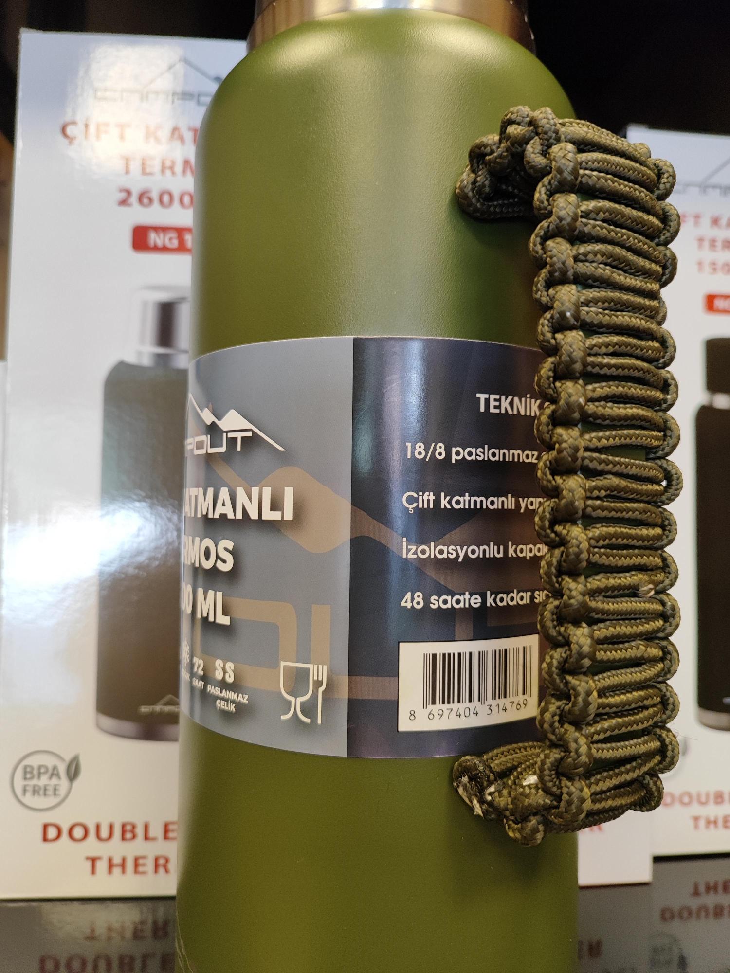 CAMPOUT ÇİFT KATMANLI TERMOS 2600 ML THERMOS YEŞİL - TUTMA YERİ PARACORD ÖRGÜ HEDİYELİ ... !!!