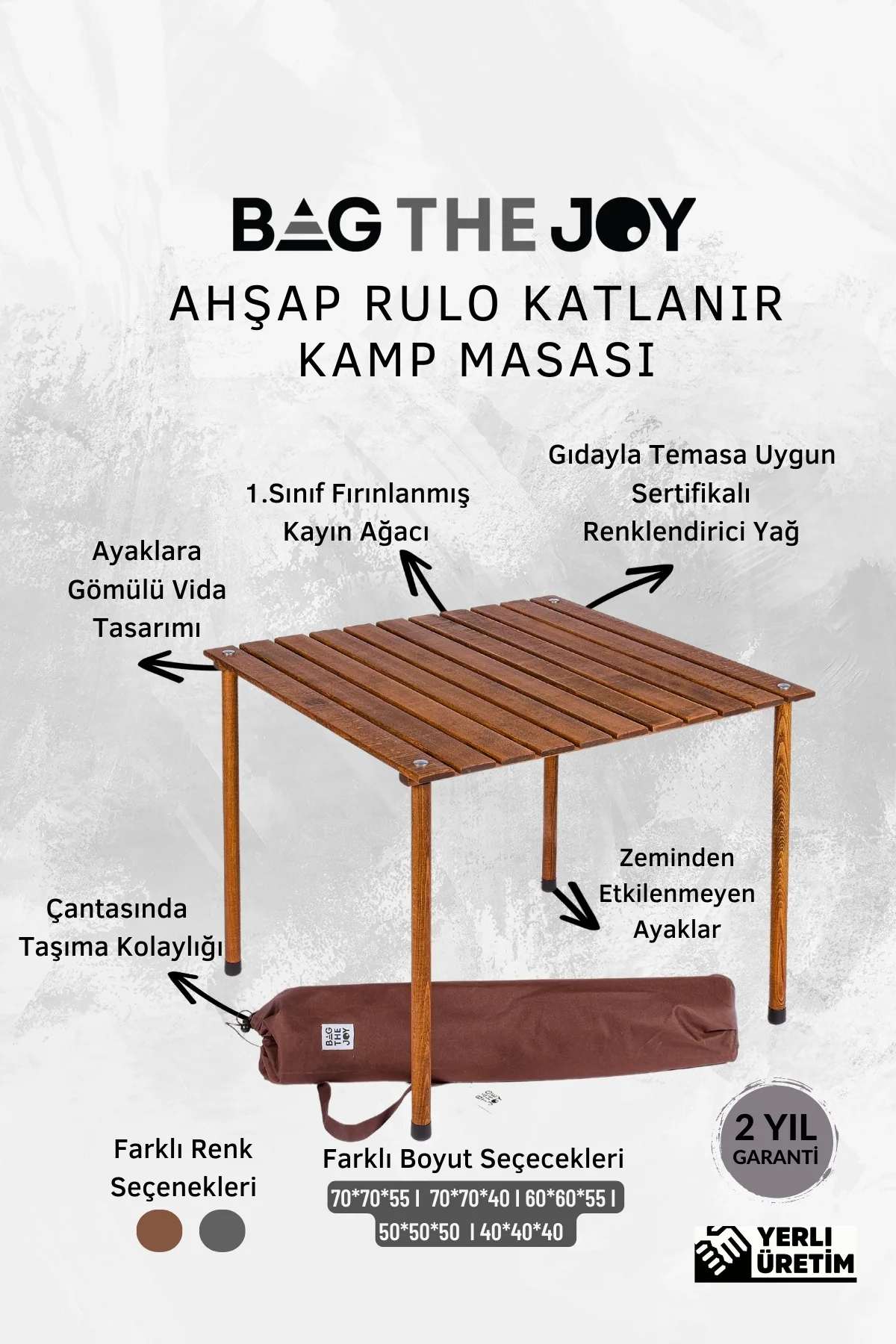 BAG THE JOY AHŞAP KATLANIR RULO KAMP MASASI ANTRASİT (50*50*50)