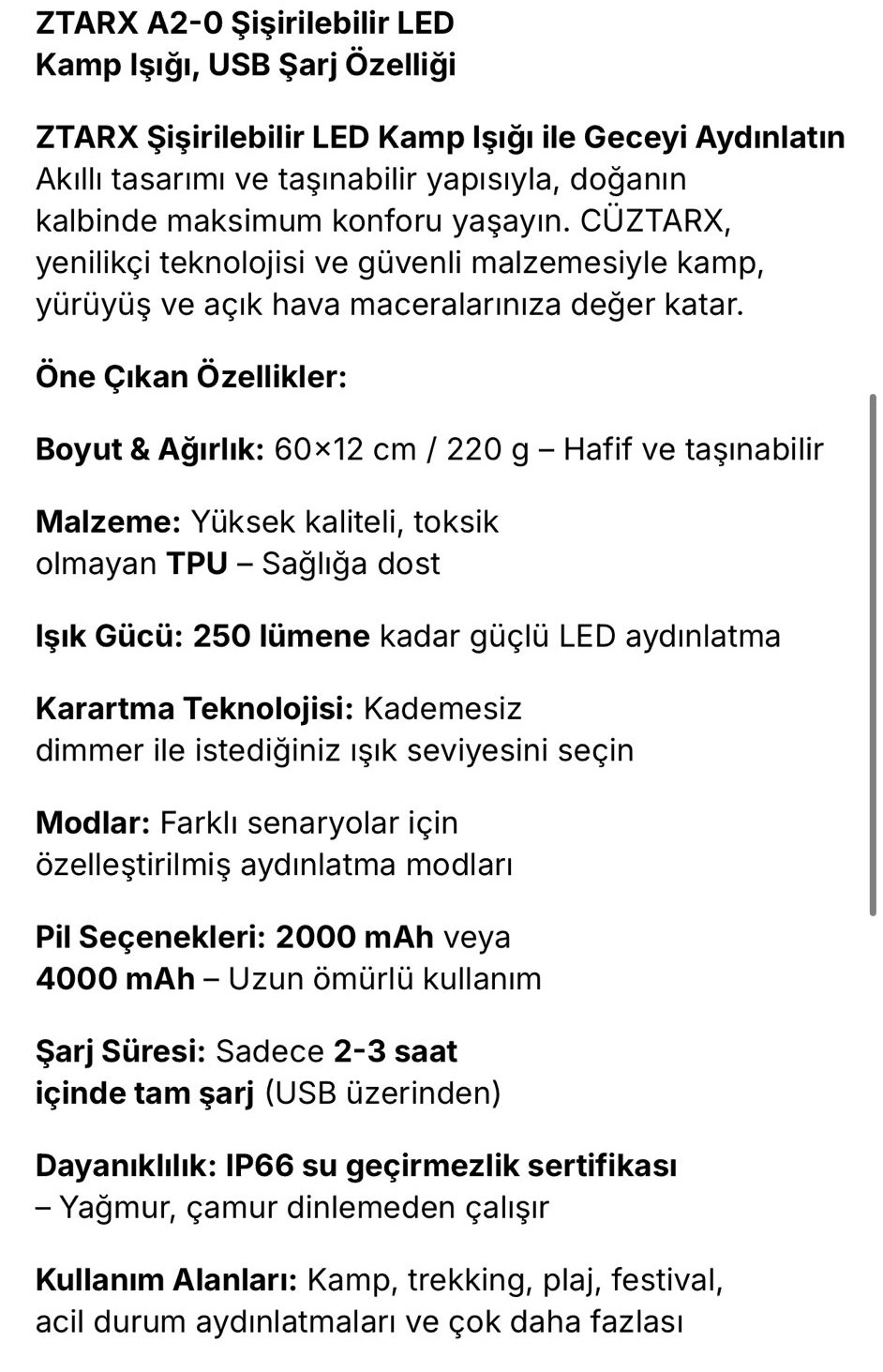 ROHS ZTARX A2 LED ŞİŞİRİLEBİLİR LIGHT YOUTUBE-FOTOĞRAFÇILIK-KATLANABİLİR MANYETİK KAMP IŞIĞI IP66 SERTİFİKALI