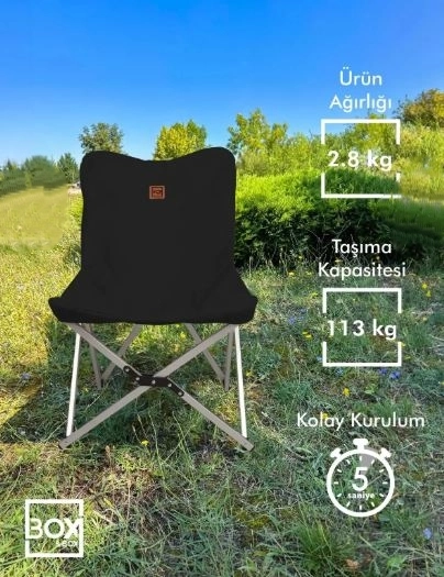 BOX&BOX ALÜMİNYUM KATLANLANABİLİR 113 KG KAPASİTELİ SİYAH KAMP SANDALYESİ - TAŞIMA ÇANTALI