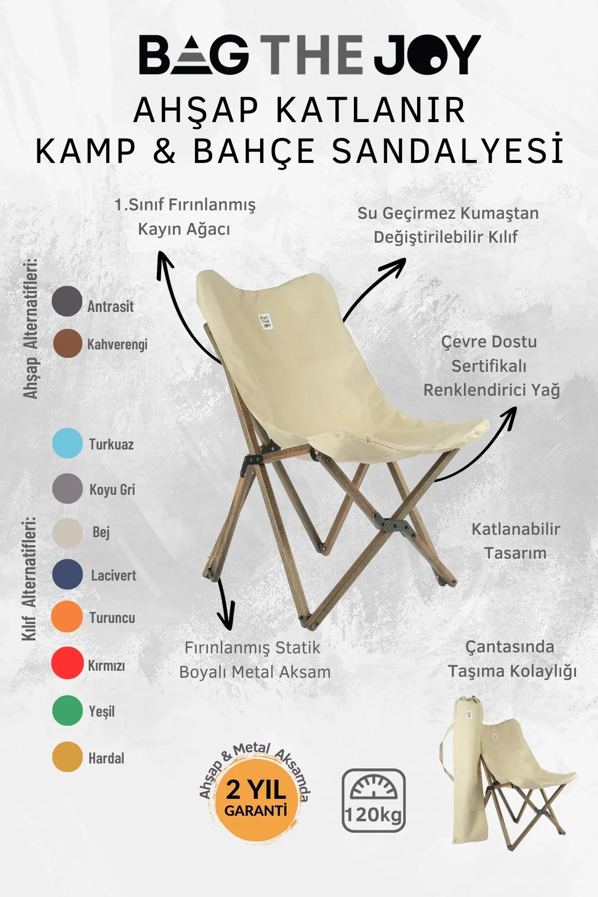 BAG THE JOY KATLANIR AHŞAP KAMP ve BAHÇE SANDALYESİ – BEJ KILIF
