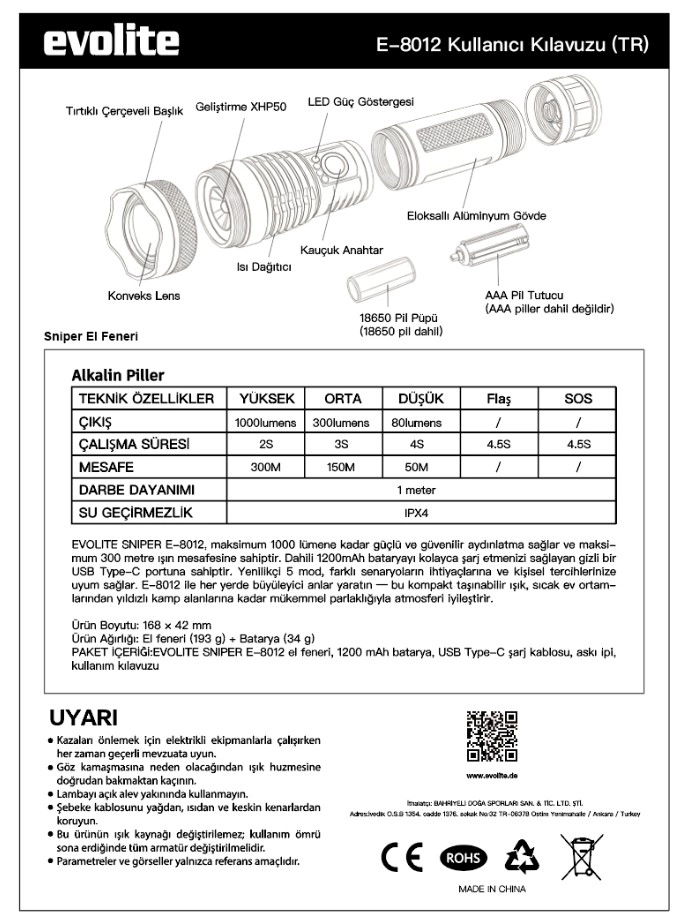 EVOLITE SNIPER 1000 LM ŞARJLI EL FENERİ
